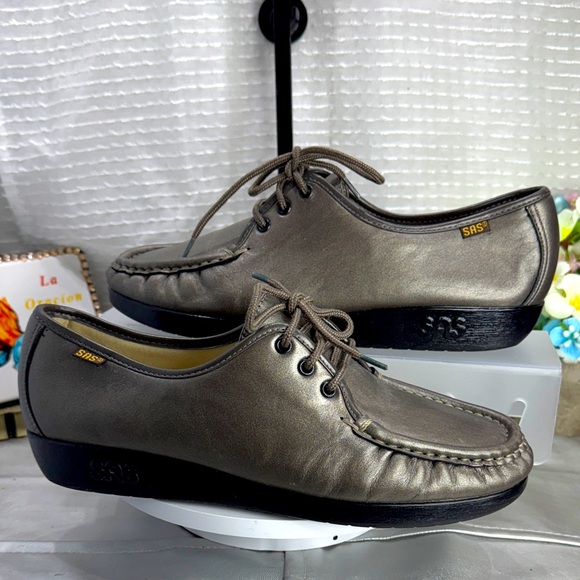 (M4) SAS 'Siesta' Pewter Metallic Leather Oxford Shoes for Women, Size 9.5 W - Picture 1 of 11